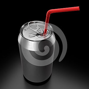 Silver aluminum beer or soda can with red straw isolated on black background