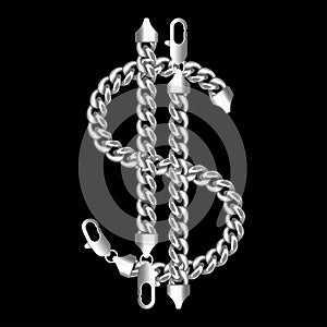 Silver american dollar money sign made of shiny thick golden chain.
