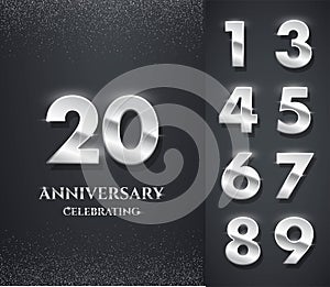 Silver anniversary logo with numbers template. 20th birthday, jubilee or wedding anniversary vector illustration