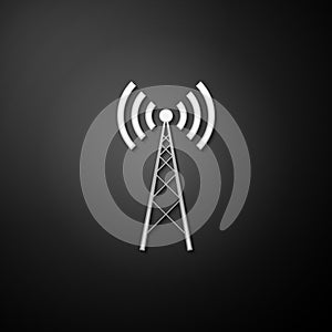 Silver Antenna icon isolated on black background. Radio antenna wireless. Technology and network signal radio antenna