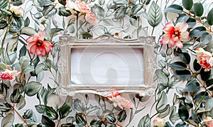 Silver antique frame in the middle, delicate floral watercolor background, space for text