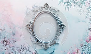 Silver antique frame in the middle, delicate floral watercolor background, space for text