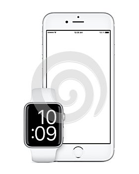 Silver Apple iPhone 6s and Silver Apple Watch mockup front view