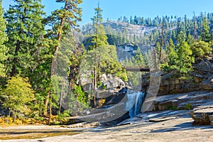 The Silver Apron is a smooth cascade over polished granite, between Nevada and Vernal Falls at sunny autumn morning, Yosemite Nati