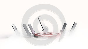 Silver arrow hit in the target. Business concept. 3D Illustration