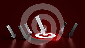 Silver arrow hit in the target in redbackground. Business concept. 3D Illustration