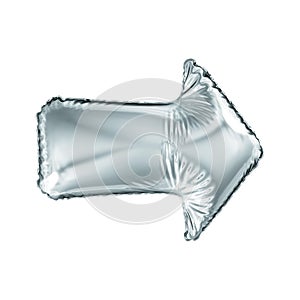 Silver arrow icon made of inflatable balloon isolated on white background.