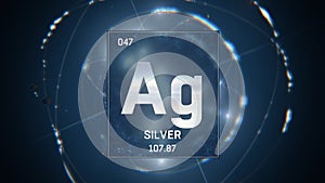 Silver as Element 47 of the Periodic Table 3D illustration on blue background