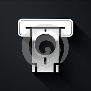 Silver ATM - Automated teller machine and money icon isolated on black background. Long shadow style. Vector
