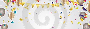 silver balloons, confetti and streamers on white background. Vector illustration Celebration template