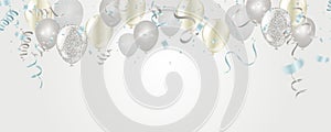 silver balloons, confetti and streamers on white background. Vector illustration Celebration template