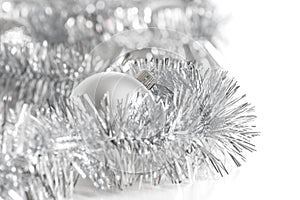 silver balls with silver tinsel