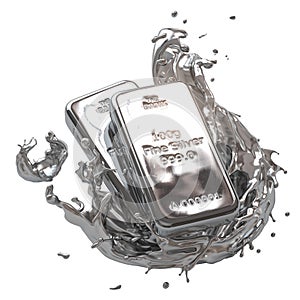 Silver bar or bullion ingot in liquid silver metal splash isolated on white