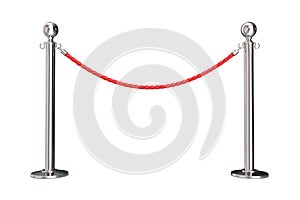 Silver barrier with red rope. 3d illustration isolated on white