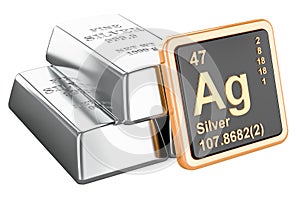 Silver bars with chemical element icon Argentum Ag, 3D rendering