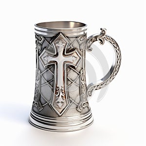 Silver Beer Mug With Cross And Scrolling - Photorealistic Gothic Art