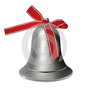 Silver bell with red ribbon bow isolated on white background. Christmas and New year decoration. Vector