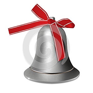 Silver bell with red ribbon bow isolated on white background. Decoration element for Christmas and New year. Vector