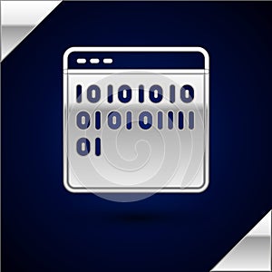 Silver Binary code icon isolated on dark blue background. Vector