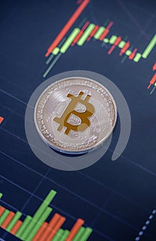 Silver Bitcoin with candle stick graph chart and digital background