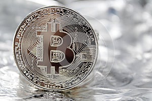 Silver Bitcoin Macro shot. Blockchain technology
