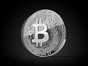 Silver Bitcoin Satoshi Vision Bitcoin SV or BSV cryptocurrency physical concept coin isolated on black background. 3D rendering