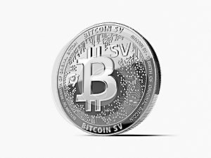 Silver Bitcoin Satoshi Vision Bitcoin SV or BSV cryptocurrency physical concept coin isolated on white background. 3D rendering