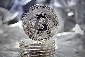 Silver Bitcoins Stack Macro shot. Blockchain technology