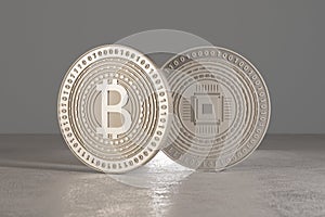 Silver bitcoins standing on metal floor with dramatic lighting as concept for virtual crypto currency