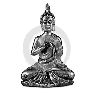 Silver black buddha metal sculpture statue isolated white background. Religion meditation religious and peace symbol concept