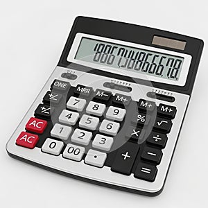 Silver and Black Calculator with Large Display and Solar Panel on a White Background