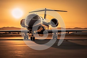 Silver and black jet sitting on top of runway, golden hour. Luxury travel background. AI generated.