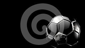 Silver and black soccer metal ball spinning isolated on black background. Football 3d render video hd 4k, animation rotation, team