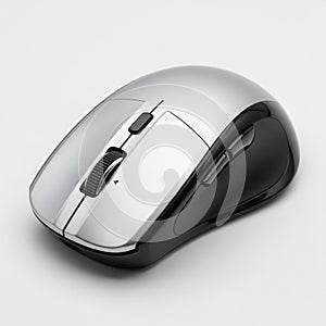 Silver and Black Wireless Computer Mouse on a White Background technology device