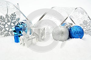 Silver,blue christmas baubles,gifts,snowflake with silver ribbon