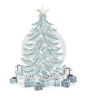 Silver blue Christmas tree and gifts