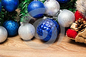 Silver and blue ornaments on the Christmas tree