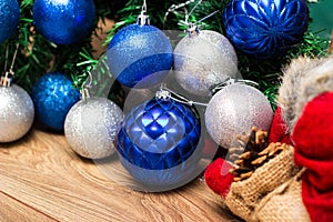 Silver and blue ornaments on the Christmas tree