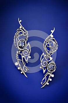 Silver blue sapphire wire wrap earrings