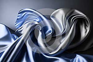Silver and blue satin fabric background. Blue fabric background top view. Wavy smooth cloth texture. Blue ripple fabric
