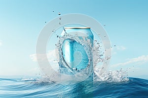 Silver Blue Soda Can with Dynamic Water Splash