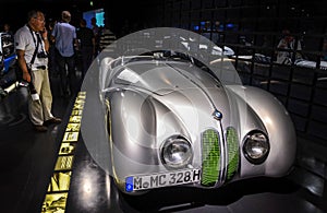 Silver BMW 328 Mille Miglia Roadster (1939) at the exhibition in the BMW Museum Munich, Germany