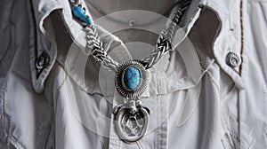 A silver bolo tie adorned with a horseshoe and a glimmering turquoise stone fastened around the neck of a crisp white