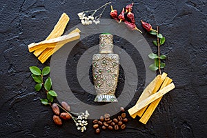 Silver bottle of arabian oud perfume or agar wood oil