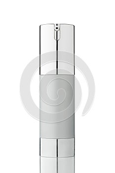 Silver bottle with dispenser for perfume and cosmetics with chrome cap isolated on a white background
