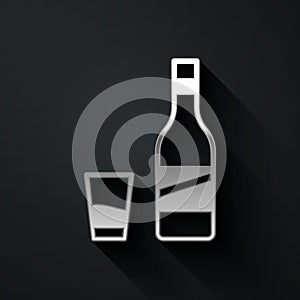 Silver Bottle of vodka with glass icon isolated on black background. Long shadow style. Vector