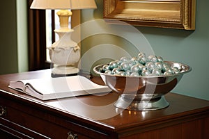 a silver bowl brimming with mints on a reception desk beside a guest book