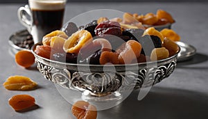 A silver bowl of fruit and a cup of coffee