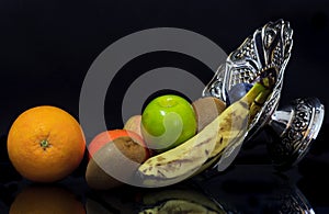 A silver bowl with fruit