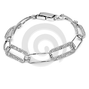 Silver bracelet with diamonds on a white background. 3d illustration